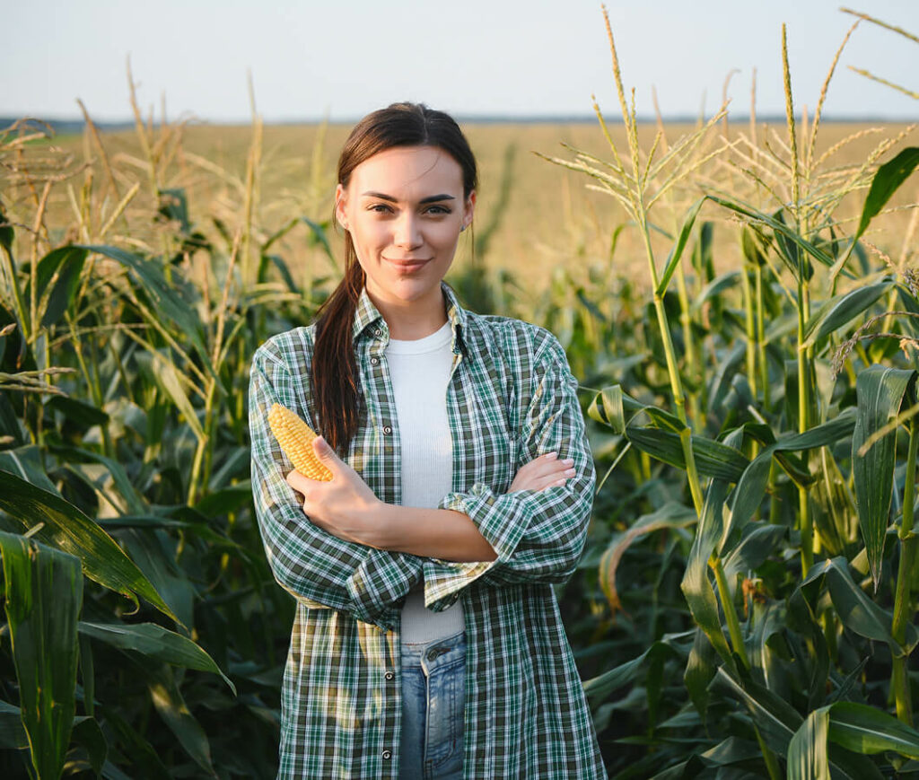 A woman stands in a cornfield, wearing a green plaid shirt and holding an ear of corn. She smiles amid the towering plants, the epitome of rural life secured by farm insurance under the clear sky.