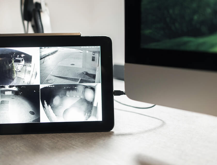 A tablet displaying four security camera feeds sits on a desk beside a computer monitor, each scene in black and white, linked by a visible cable. Its an essential setup for any commercial insurance office. The softly blurred background adds to the professional ambiance.