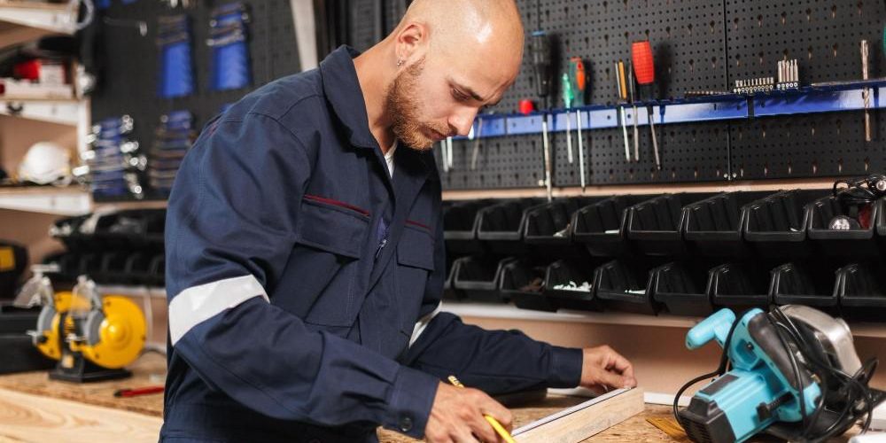 Young foreman in work clothes thoughtfully using ruler with variety of tools on background in workshop