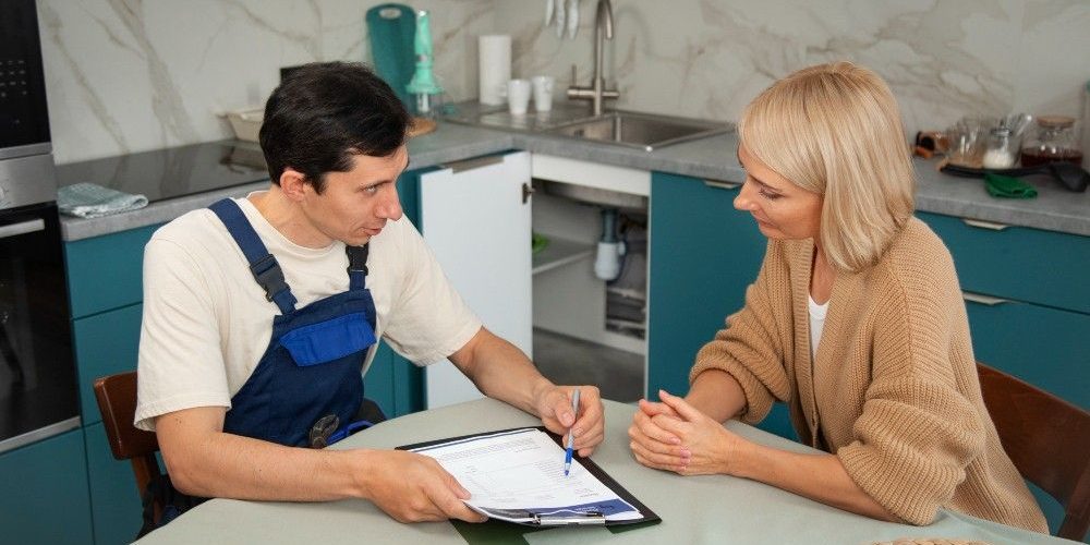 Male plumber working with client to fix kitchen problems