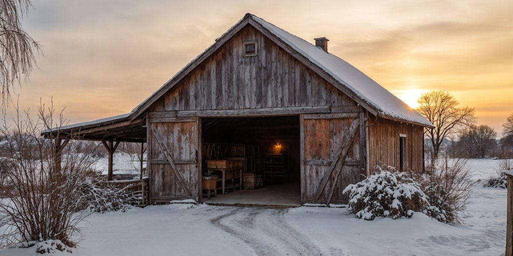 An old barn surrounded by snow.