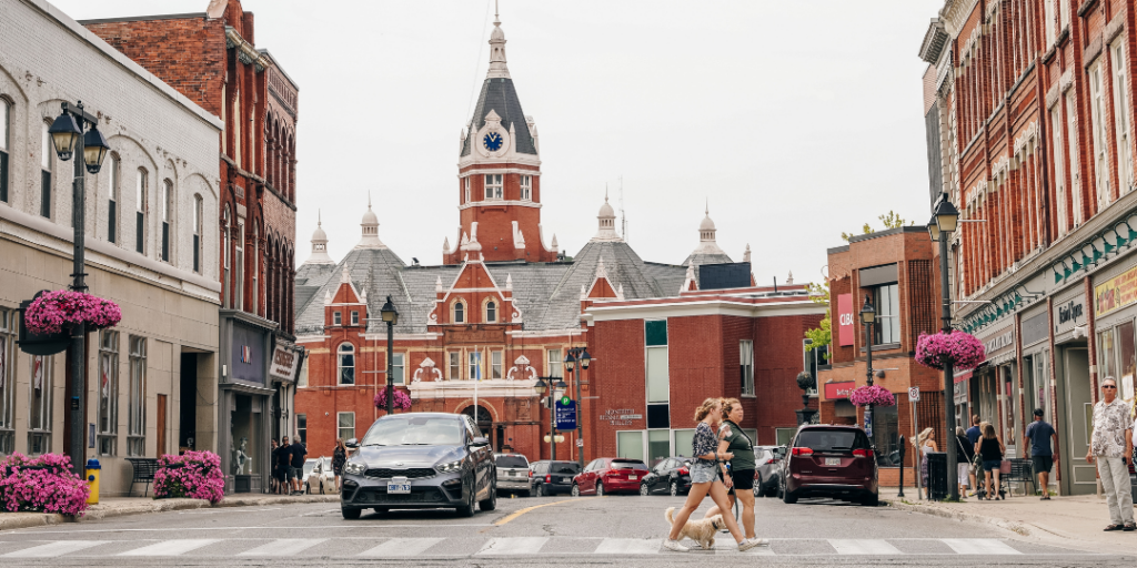 A photo of downtown Stratford, Ontario, with its historic buildings and shops.